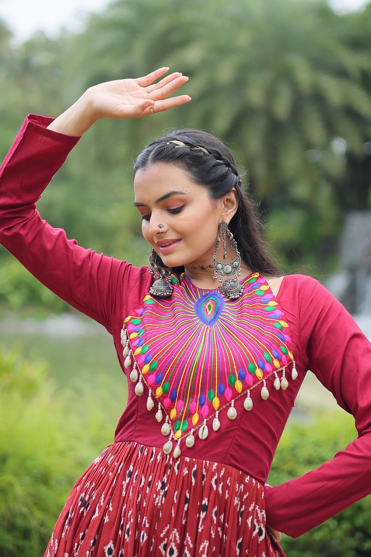 Lorenvalley Maroon Cotton Printed With Kutchi Gamthi Work and Kodi Lace Gown | Swadesiicart
