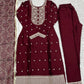 Lorenvalley Maroon Rangoli Silk Embroidery Sequence And Thread Work Kurta Trousers with Dupatta Set | Swadesiicart