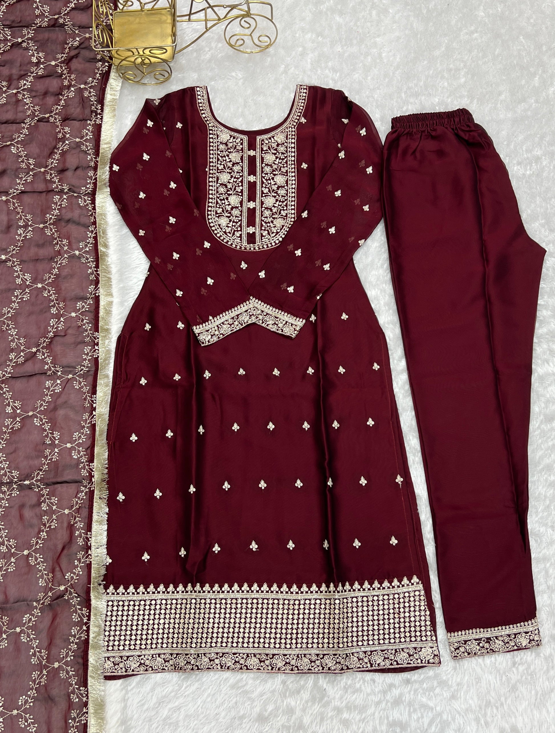 Lorenvalley Maroon Rangoli Silk Embroidery Sequence And Thread Work Kurta Trousers with Dupatta Set | Swadesiicart