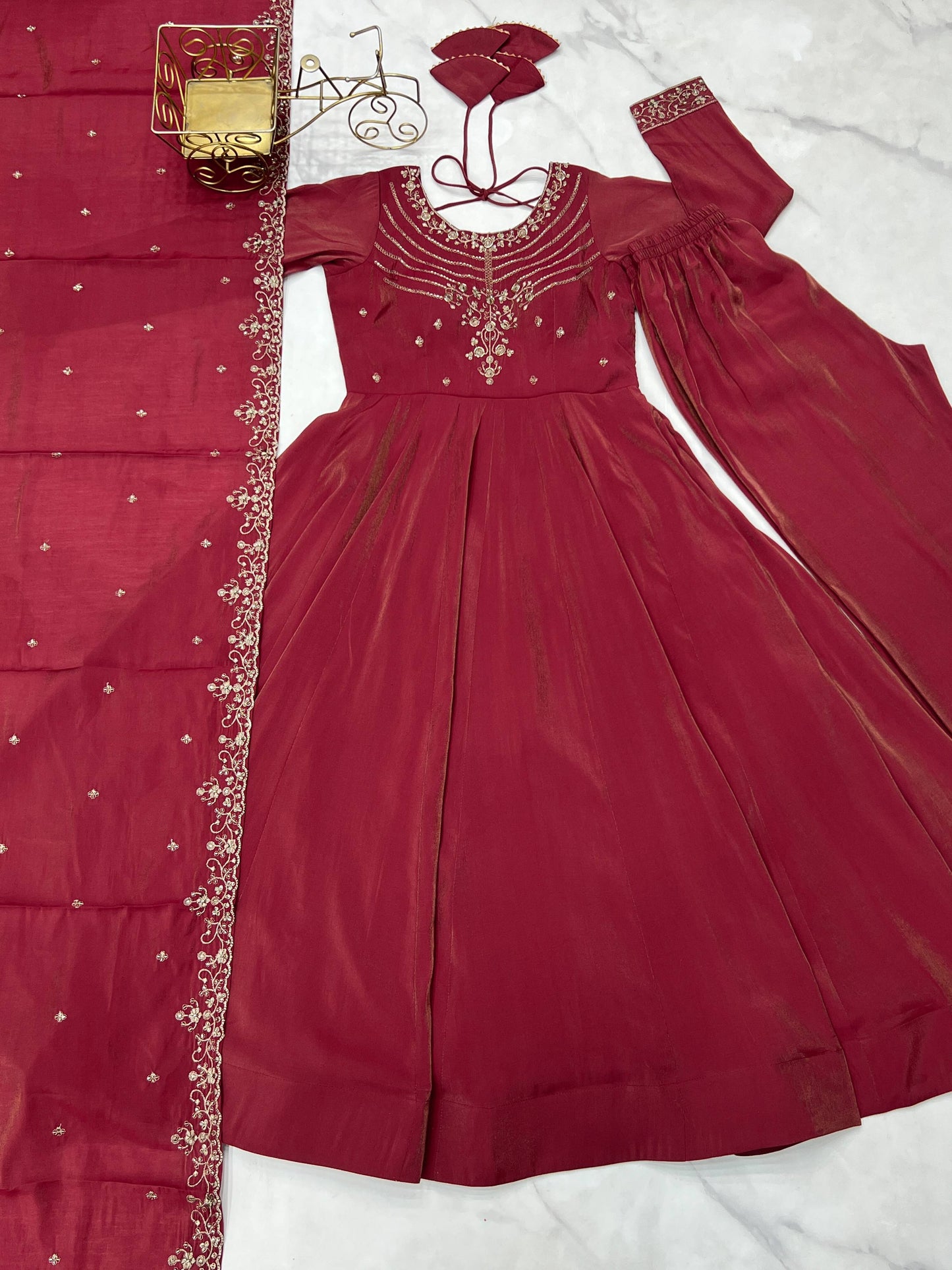Lorenvalley Fashion Maroon Roman Shimmer Chanderi Silk Yoke Fancy Handwork Beads Work Anarkali Kurta Pant With Dupatta Set - Swadesiicart