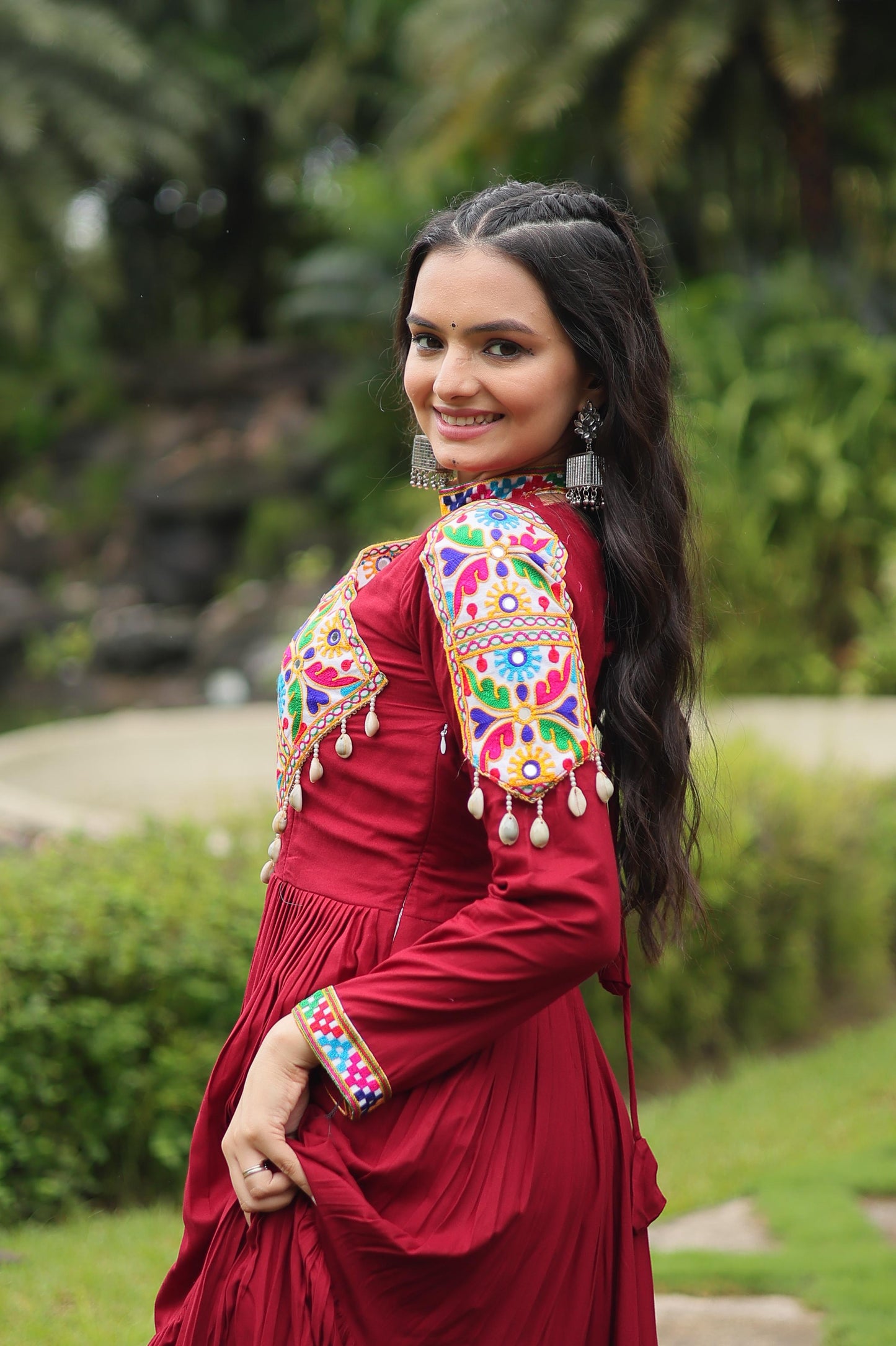 Lorenvalley Maroon Rayon Fabric with Kutchi Gamthi work Gown | Swadesiicart