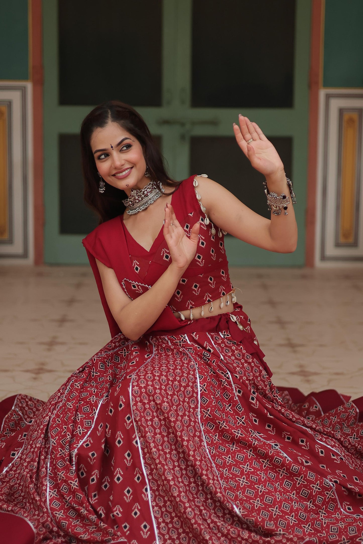 Lorenvalley Maroon Rayon Gota Patti Lace Printed Kali Pattern Lehenga Choli with Dupatta | Swadesiicart