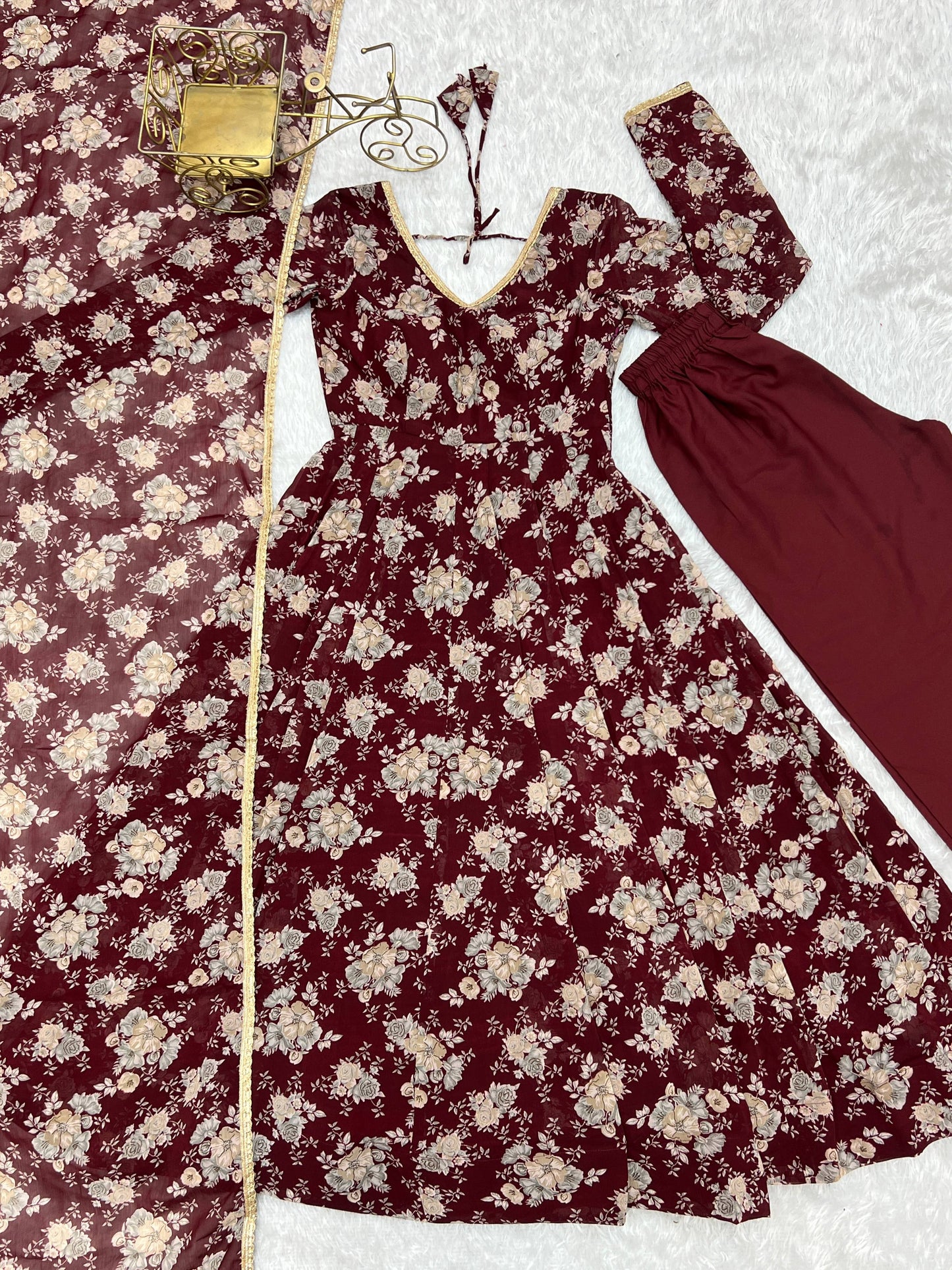 Lorenvalley Pure Faux Georgette Multi Floral Print Fully Flared Anarkali Pant With Dupatta Set - Maroon | Swadesiicart