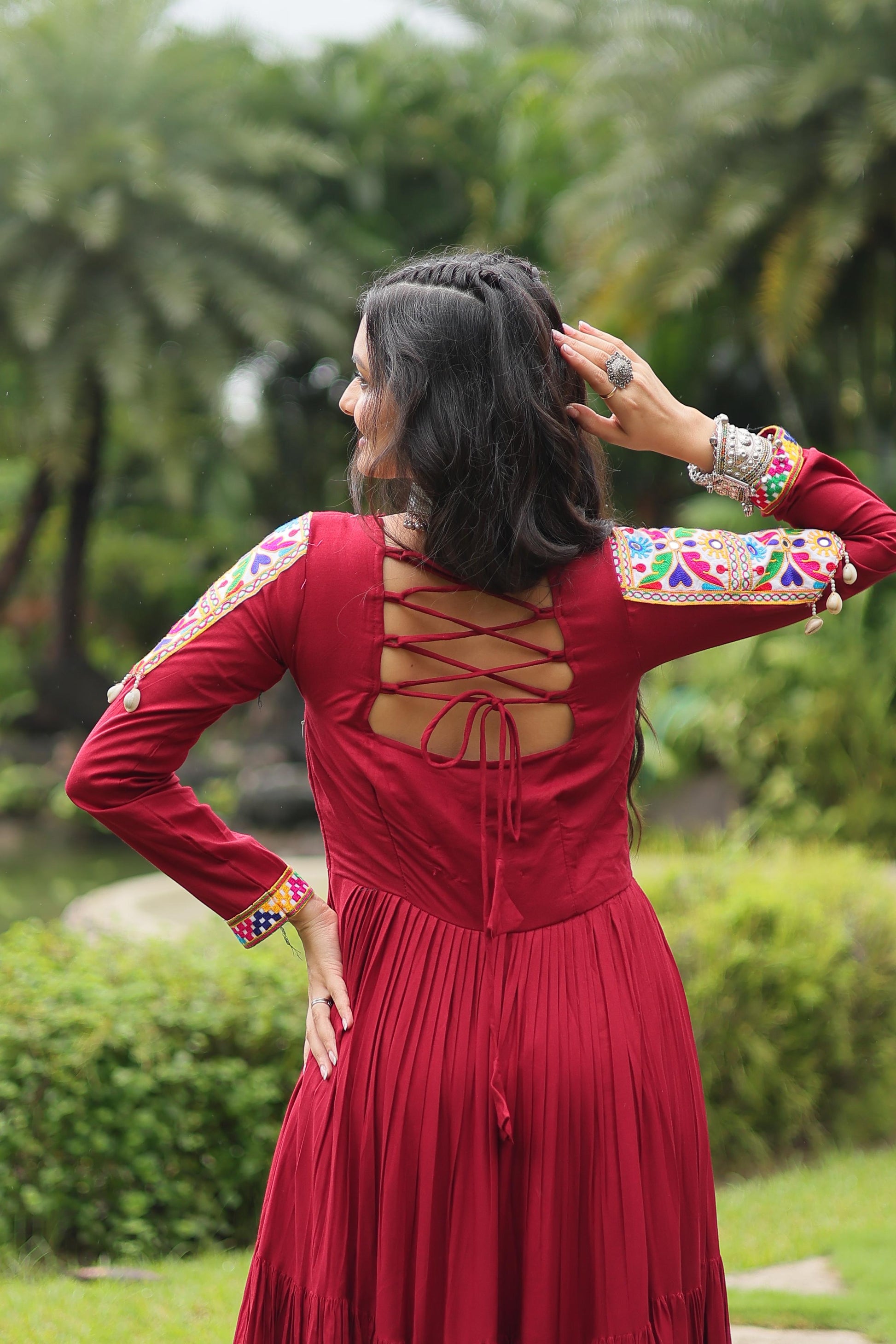 Lorenvalley Maroon Rayon Fabric with Kutchi Gamthi work Gown | Swadesiicart