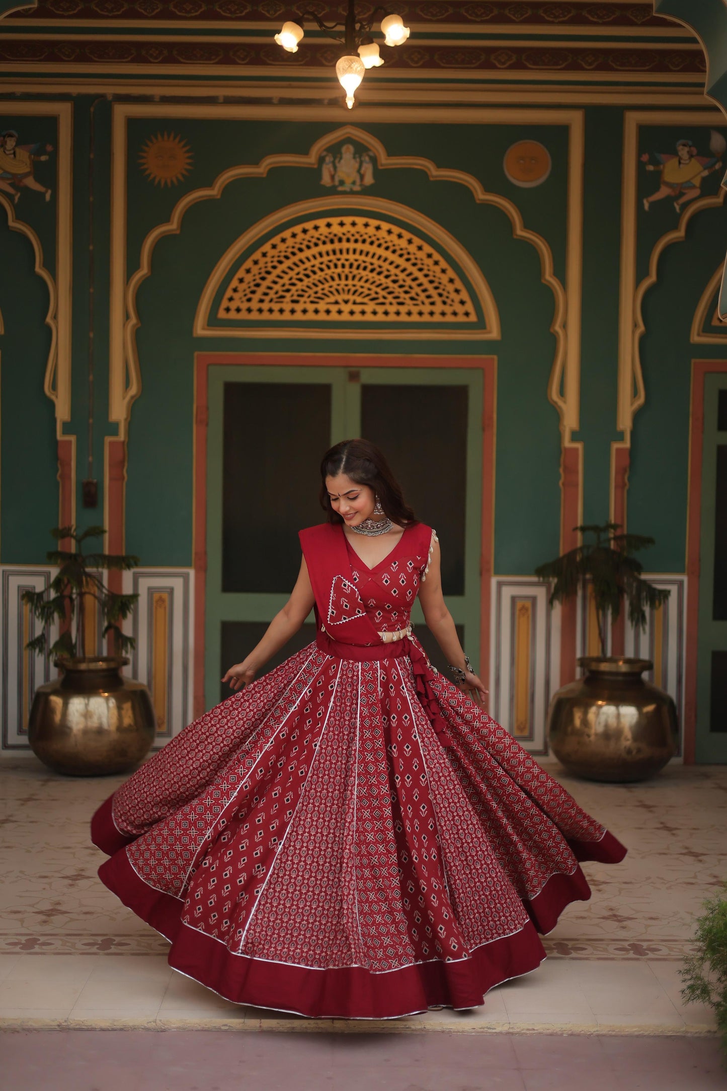 Lorenvalley Maroon Rayon Gota Patti Lace Printed Kali Pattern Lehenga Choli with Dupatta | Swadesiicart