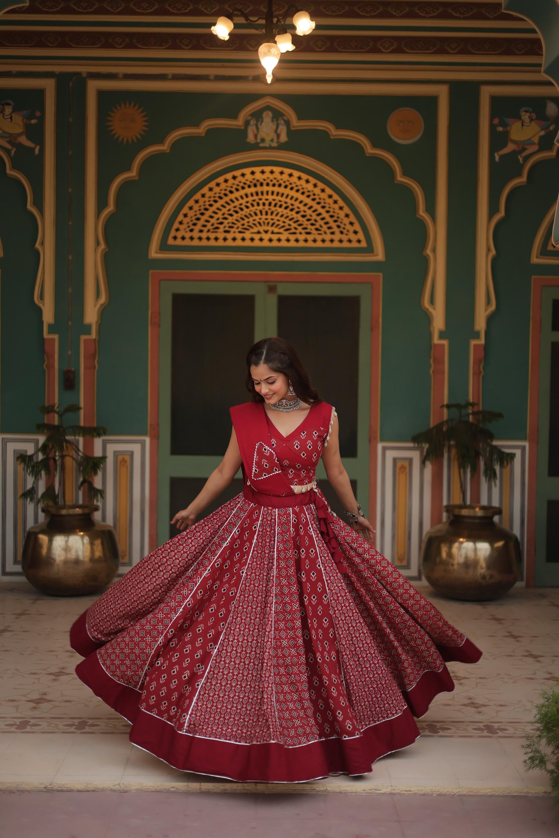 Lorenvalley Maroon Rayon Gota Patti Lace Printed Kali Pattern Lehenga Choli with Dupatta | Swadesiicart