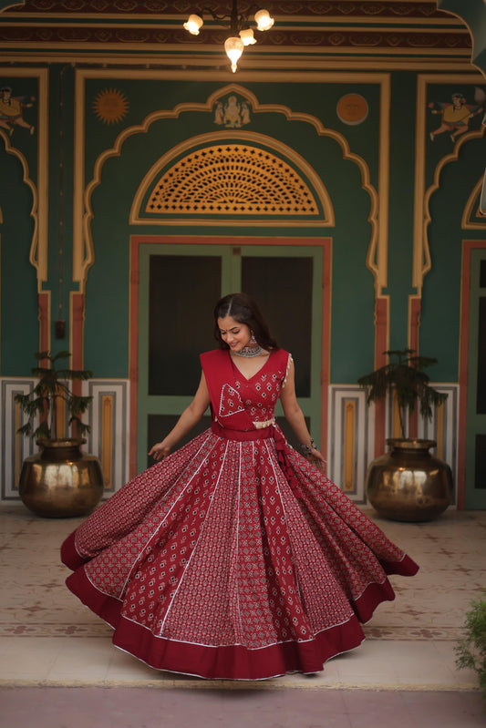 Lorenvalley Maroon Rayon Gota Patti Lace Printed Kali Pattern Lehenga Choli with Dupatta | Swadesiicart