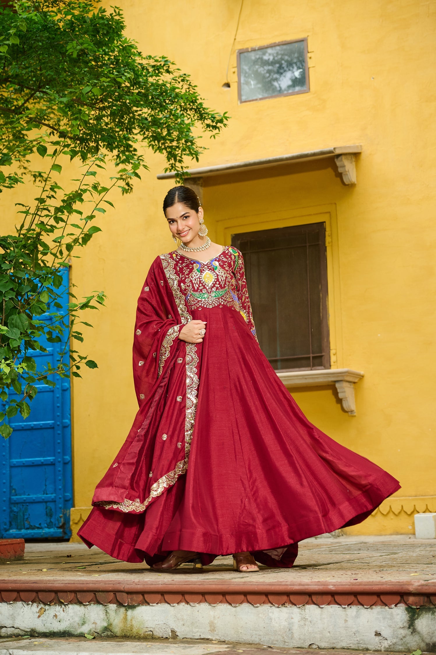 Lorenvalley Fashion Maroon Vichitra Silk with Multi Thread & Embroidered work Anarkali Gown with Dupatta - Swadesiicart