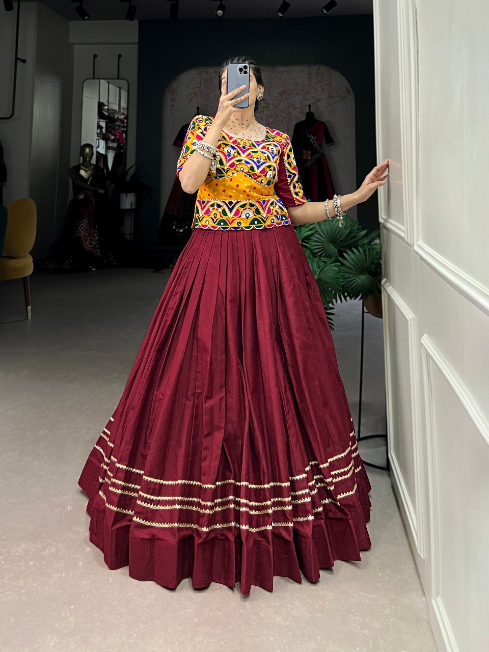 Lorenvalley Pure Cotton Maroon Plain With Gota Patti Touch Up Lehenga Choli | Swadesiicart