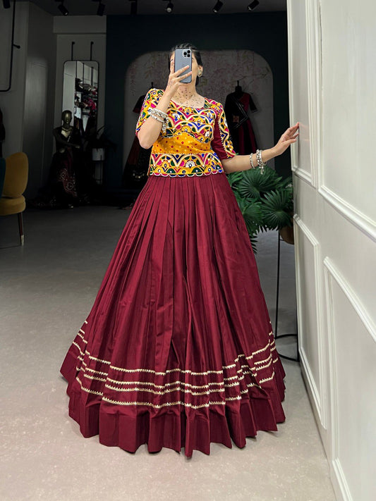 Lorenvalley Pure Cotton Maroon Plain With Gota Patti Touch Up Lehenga Choli | Swadesiicart