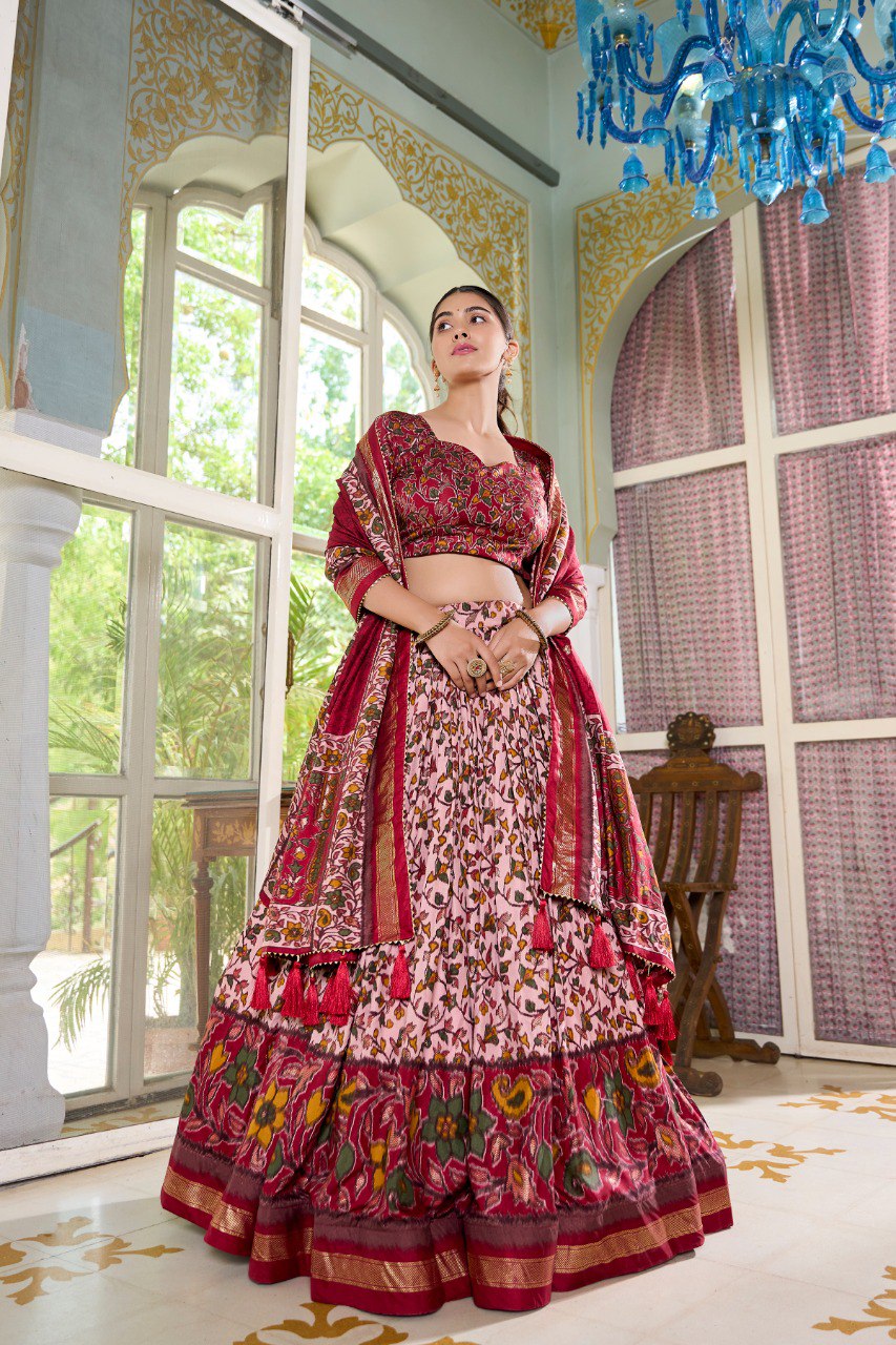 Lorenvalley Maroon Tussar Silk Floral Print with Foil Print Lehenga Choli with Dupatta | Swadesiicart