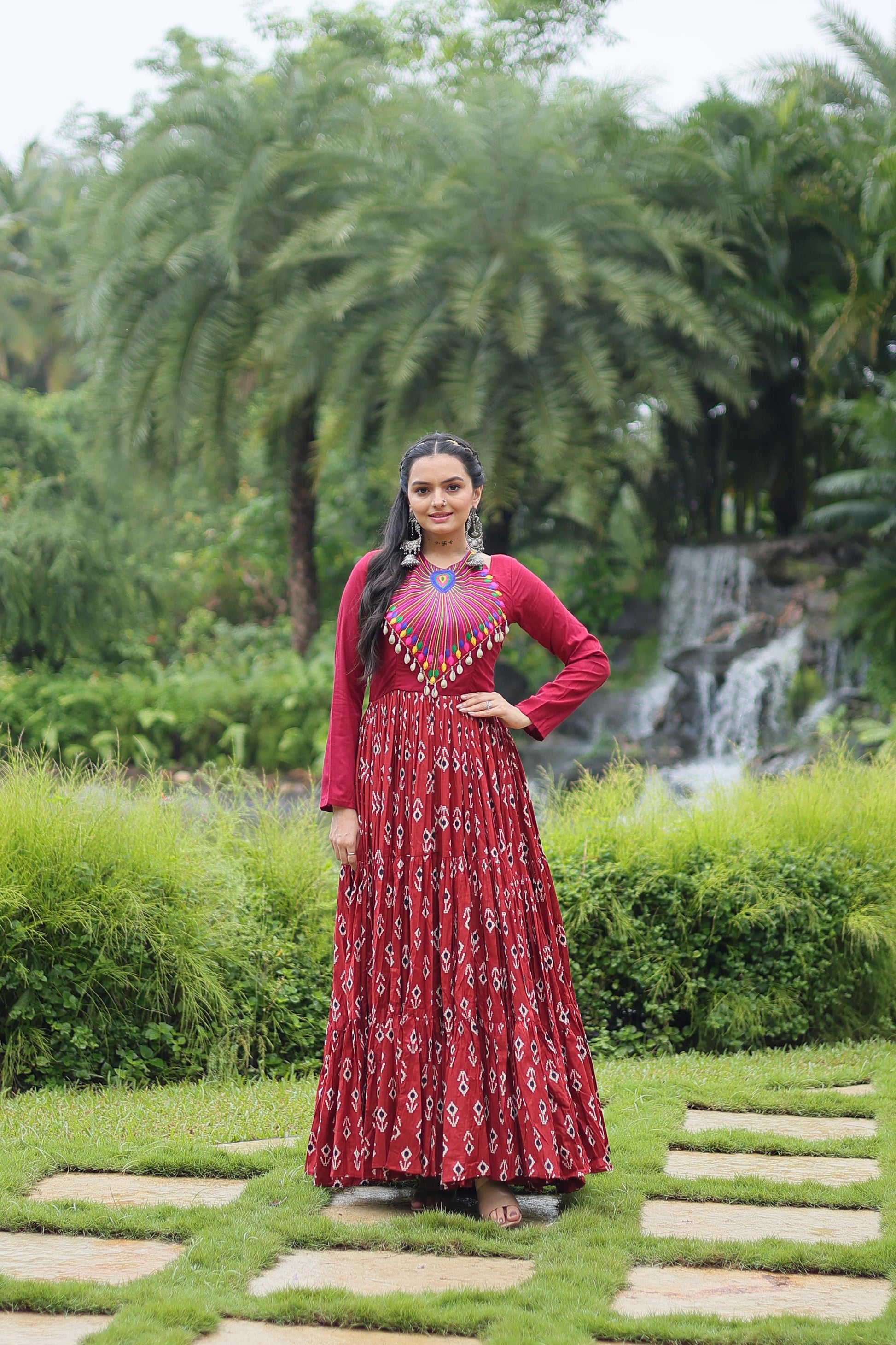 Lorenvalley Maroon Cotton Printed With Kutchi Gamthi Work and Kodi Lace Gown | Swadesiicart