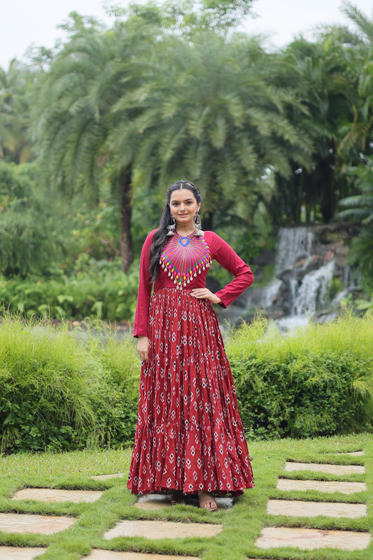 Lorenvalley Maroon Cotton Printed With Kutchi Gamthi Work and Kodi Lace Gown | Swadesiicart
