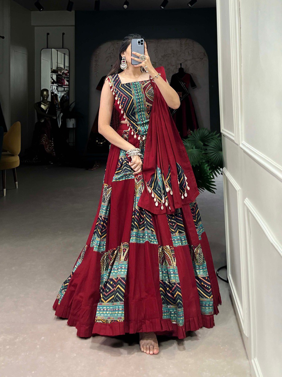 Lorenvalley Maroon Pure Cotton Plain And Printed With Foil Work Lehenga Choli with Dupatta | Swadesiicart