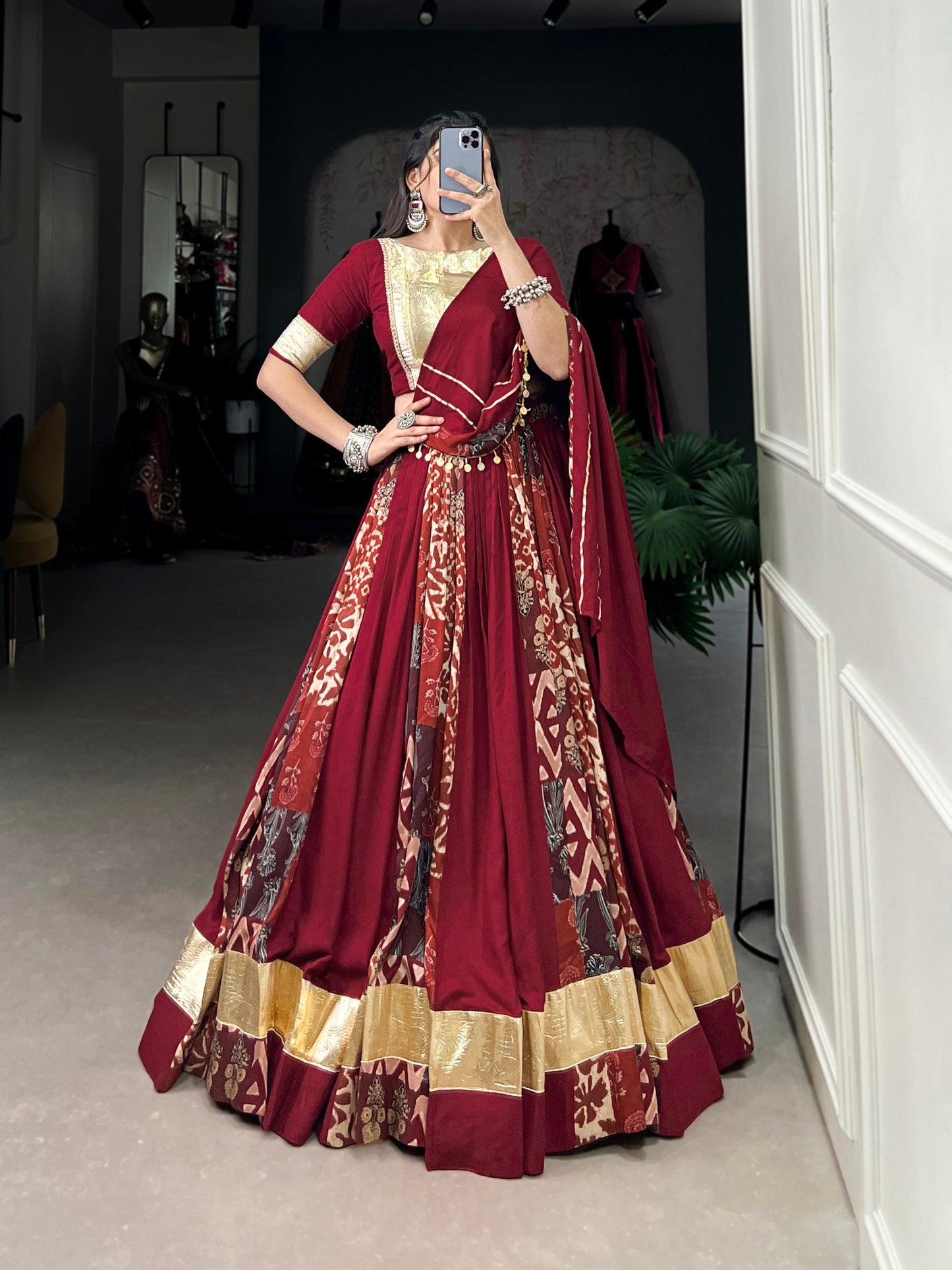 Lorenvalley Rayon and Tussar Silk Maroon Plain And Printed With Embossed Design Gota Lace Lehenga Choli with Dupatta | Swadesiicart