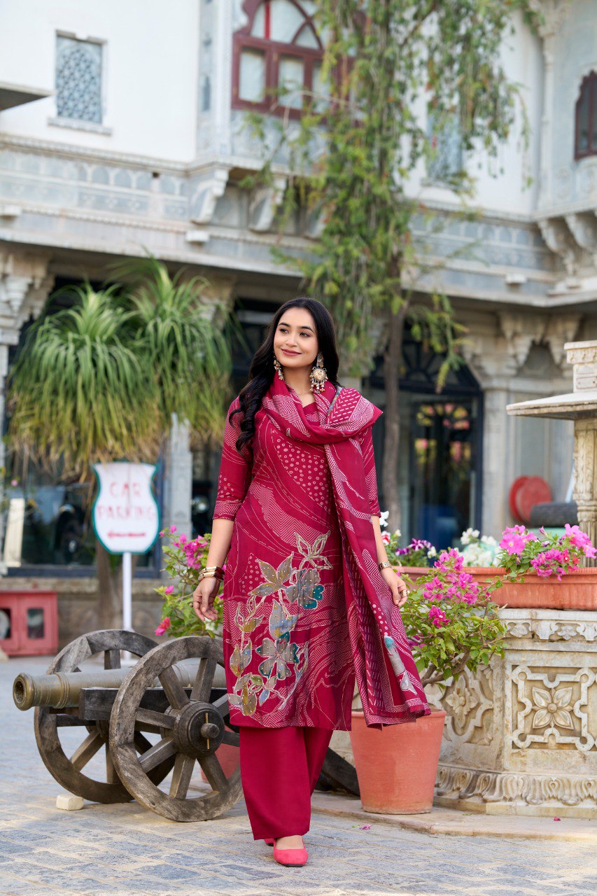 Lorenvalley Maroon Roman Silk Floral Print With Beets Handwork Kurta Set | Swadesiicart