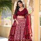 Lorenvalley Maroon Tussar Silk Ikkat Print With Foil Work Lehenga Choli with Dupatta | Swadesiicart
