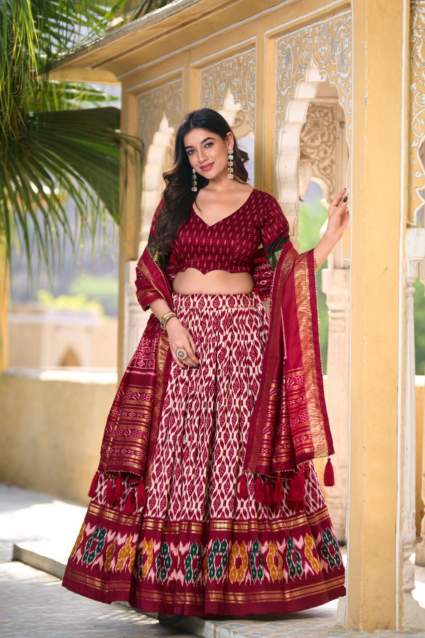 Lorenvalley Maroon Tussar Silk Ikkat Print With Foil Work Lehenga Choli with Dupatta | Swadesiicart