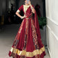 Lorenvalley Maroon Rayon and Tussar Silk Plain And Printed With Embossed Design Gota Lace Lehenga Choli with Dupatta | Swadesiicart