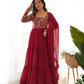 Lorenvalley Fashion Maroon Faux Georgette Embroidery 9 Needle Thread Work Anarkali Pant with Dupatta - Swadesiicart