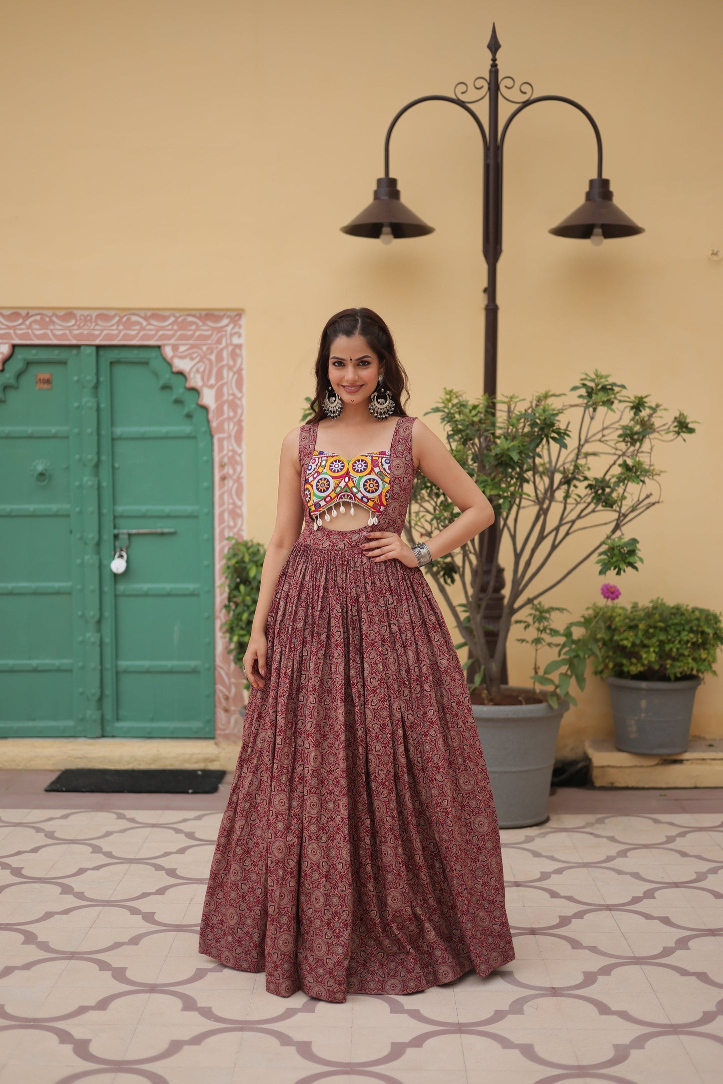 Lorenvalley Maroon Printed Cotton With Kutchi Gamthi Work and Kodi Lace Gown | Swadesiicart