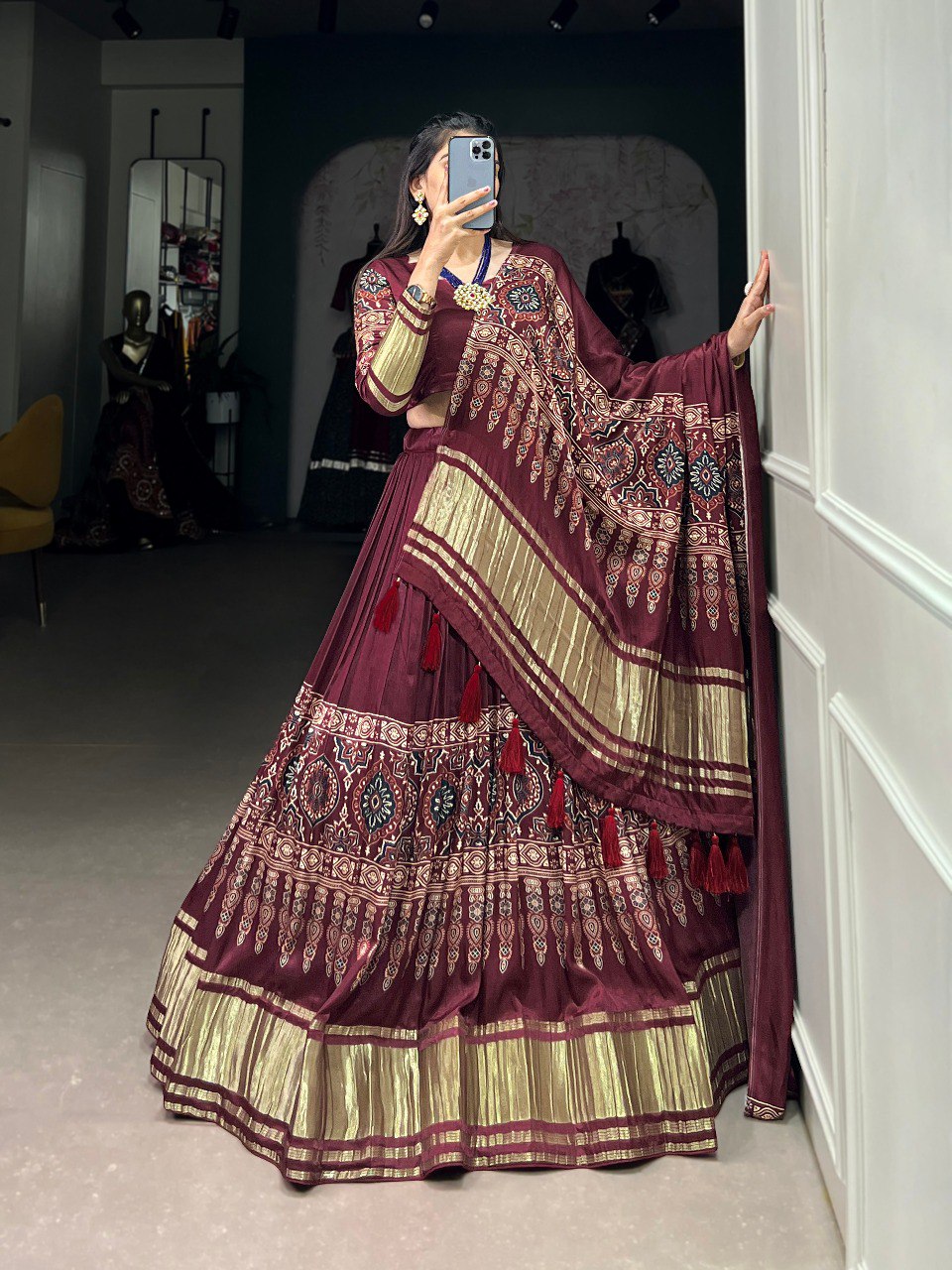 Lorenvalley Maroon Gaji Silk Digital Print With Lagadi Patta Lehenga Choli with Dupatta | Swadesiicart