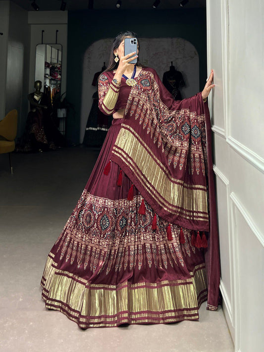 Lorenvalley Maroon Gaji Silk Digital Print With Lagadi Patta Lehenga Choli with Dupatta | Swadesiicart