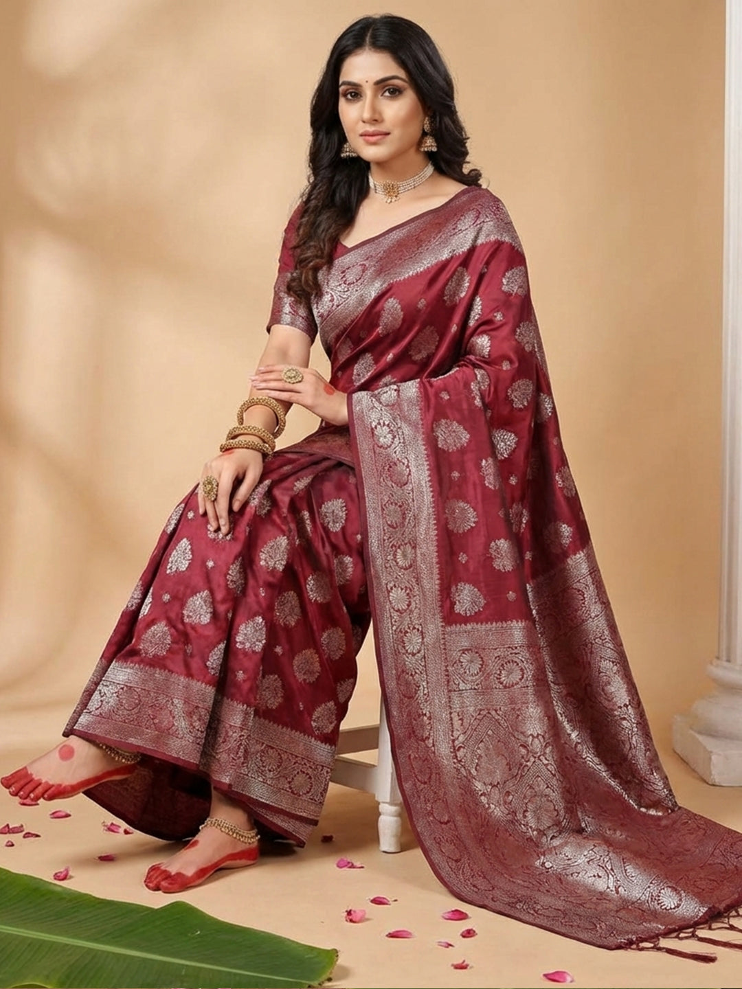Anaita Maroon Silk Blend Woven Saree With Blouse