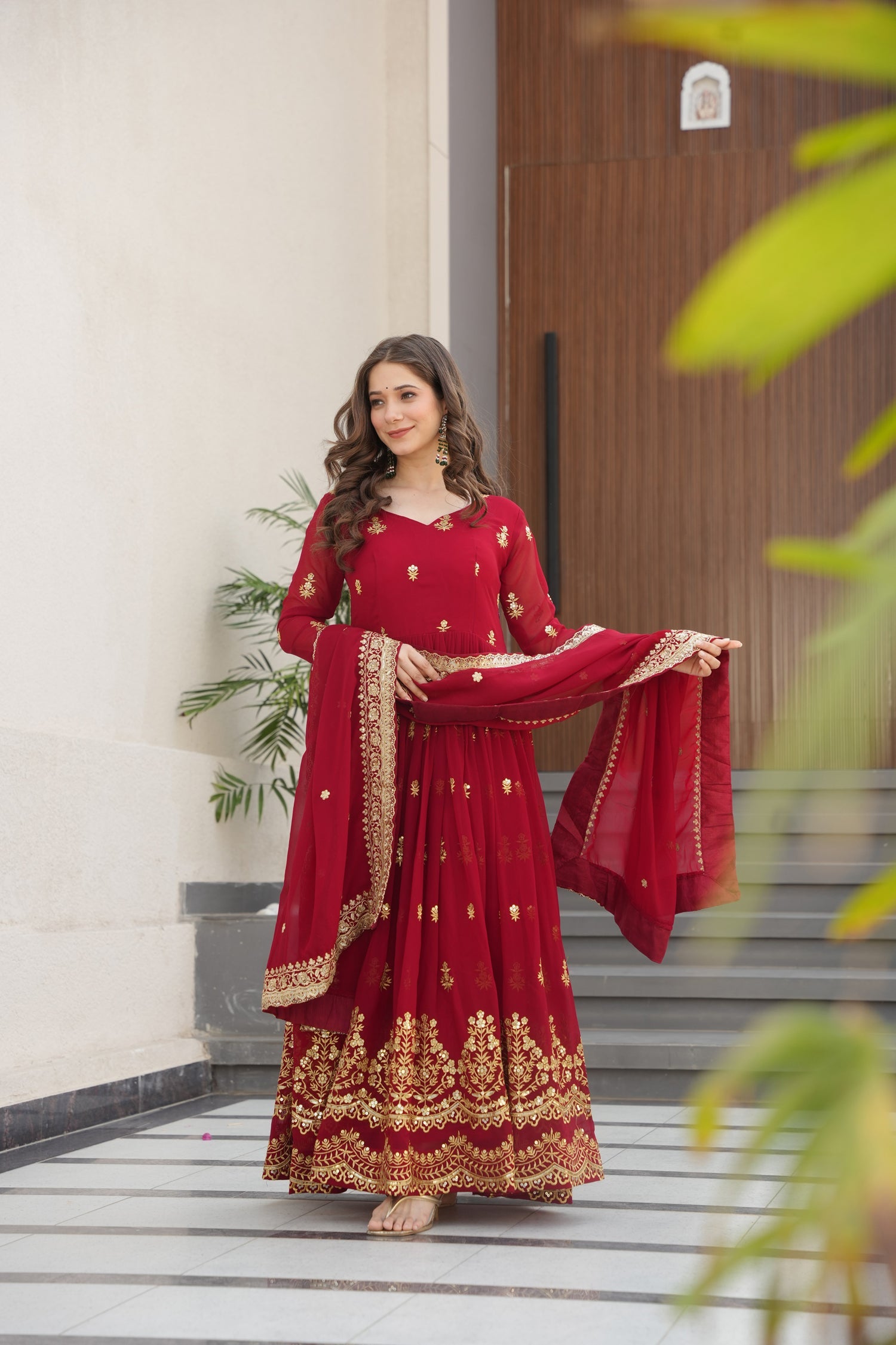 Lorenvalley Fashion Maroon Faux Georgette with Zari & Sequins Embroidered Work Anarkali Gown with Dupatta - Swadesiicart