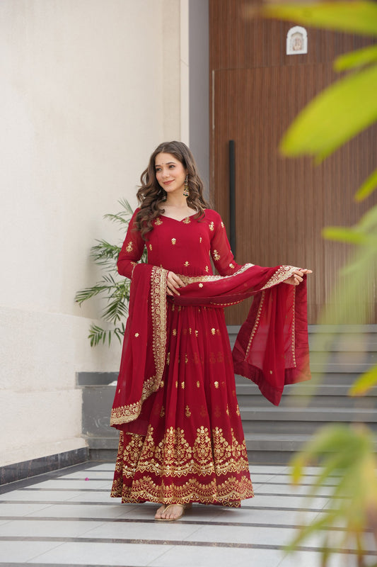 Lorenvalley Fashion Maroon Faux Georgette with Zari & Sequins Embroidered Work Anarkali Gown with Dupatta - Swadesiicart