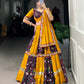 Lorenvalley Yellow and Wine Rayon with Printed Silk Original Mirror Gamthi Work and Embossed Design Gota Lehenga Choli with Dupatta | Swadesiicart