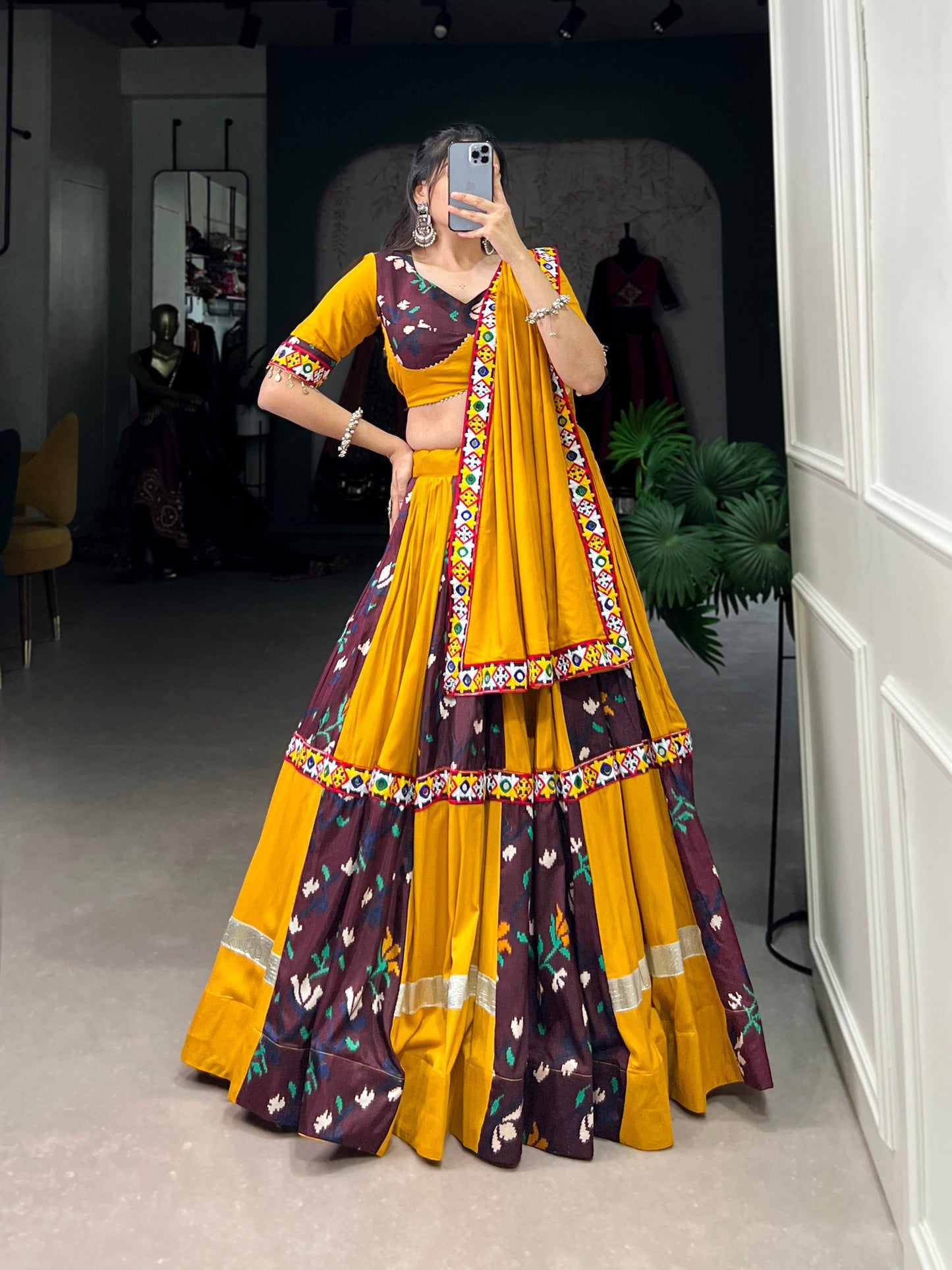 Lorenvalley Yellow and Wine Rayon with Printed Silk Original Mirror Gamthi Work and Embossed Design Gota Lehenga Choli with Dupatta | Swadesiicart