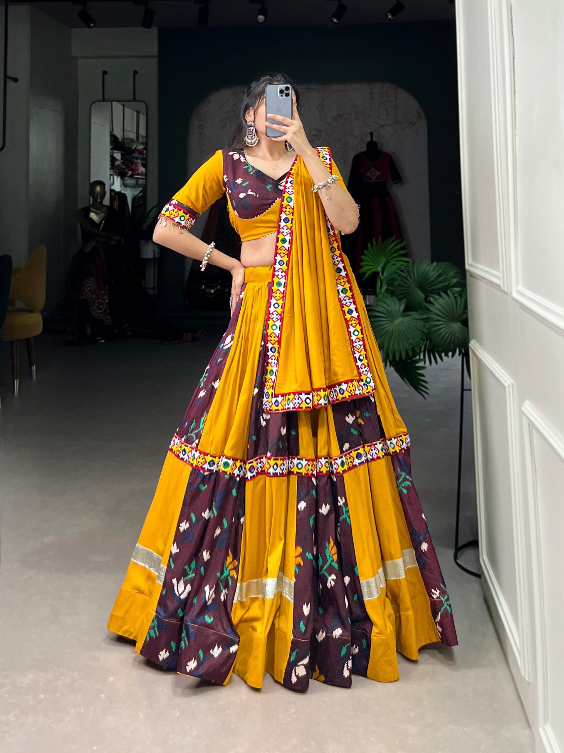 Lorenvalley Yellow and Wine Rayon with Printed Silk Original Mirror Gamthi Work and Embossed Design Gota Lehenga Choli with Dupatta | Swadesiicart