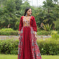 Lorenvalley Maroon Rayon Contrast of Printed with Kutchi Gamthi work Gown | Swadesiicart