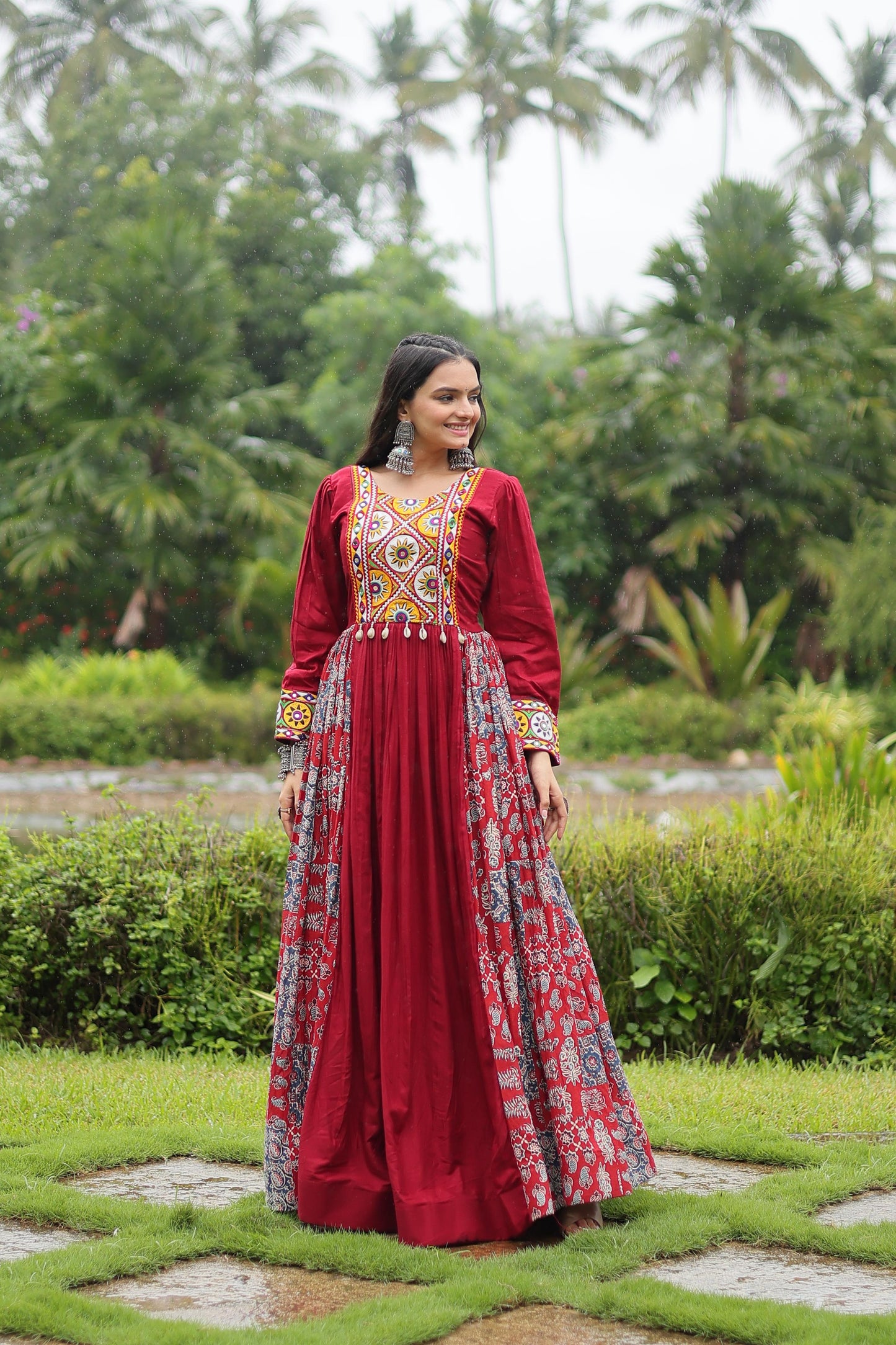 Lorenvalley Maroon Rayon Contrast of Printed with Kutchi Gamthi work Gown | Swadesiicart