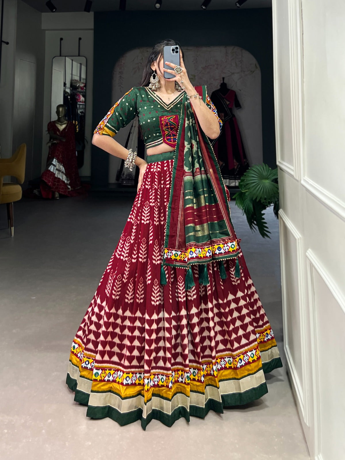 Lorenvalley Maroon Dola Silk with Printed With Foil Work And Original Mirror Gamthi Lace Touch Up Lehenga Choli | Swadesiicart