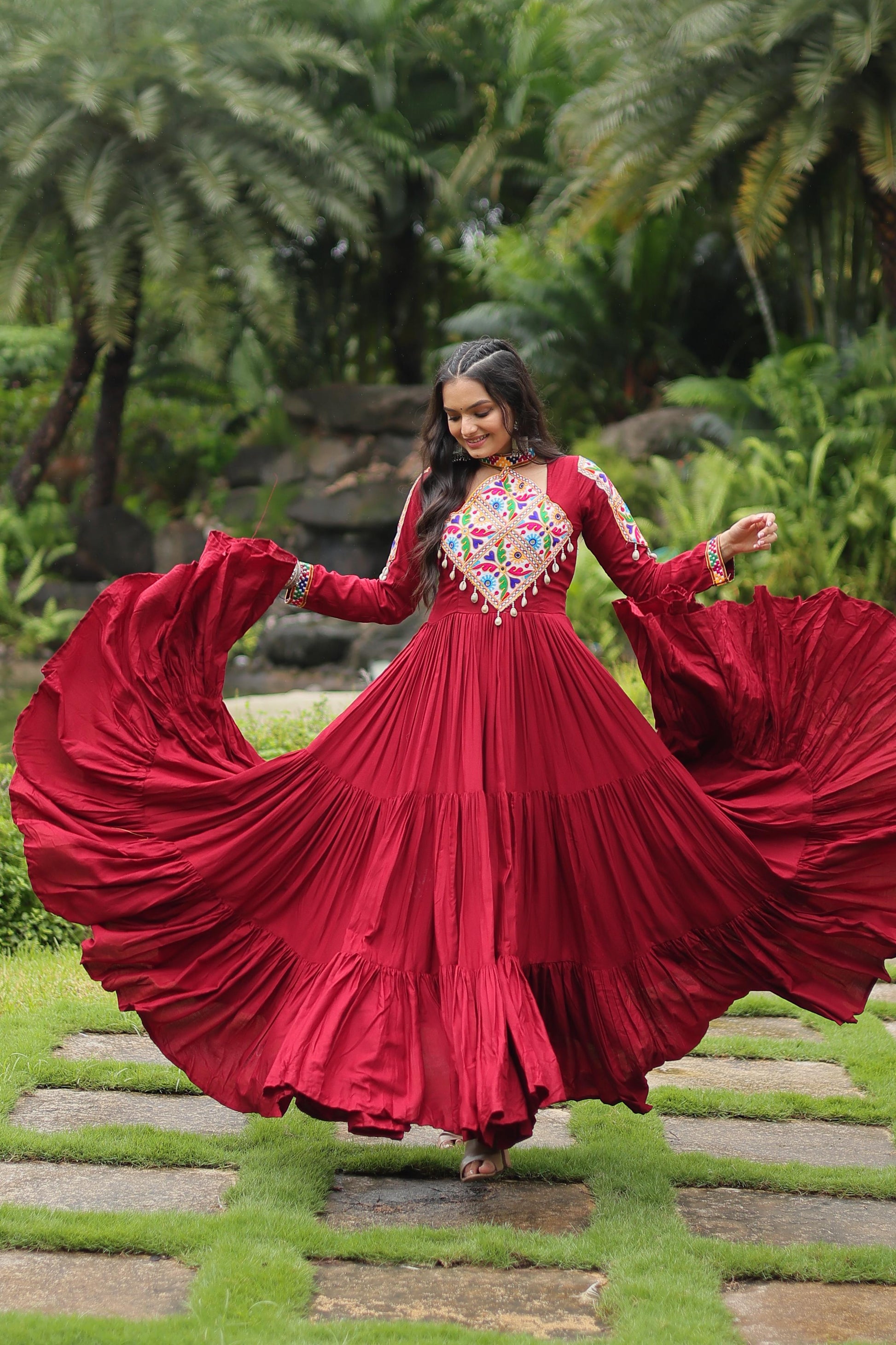 Lorenvalley Maroon Rayon Fabric with Kutchi Gamthi work Gown | Swadesiicart
