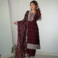 Lorenvalley Maroon Rangoli Silk Embroidery Sequence And Thread Work Kurta Trousers with Dupatta Set | Swadesiicart