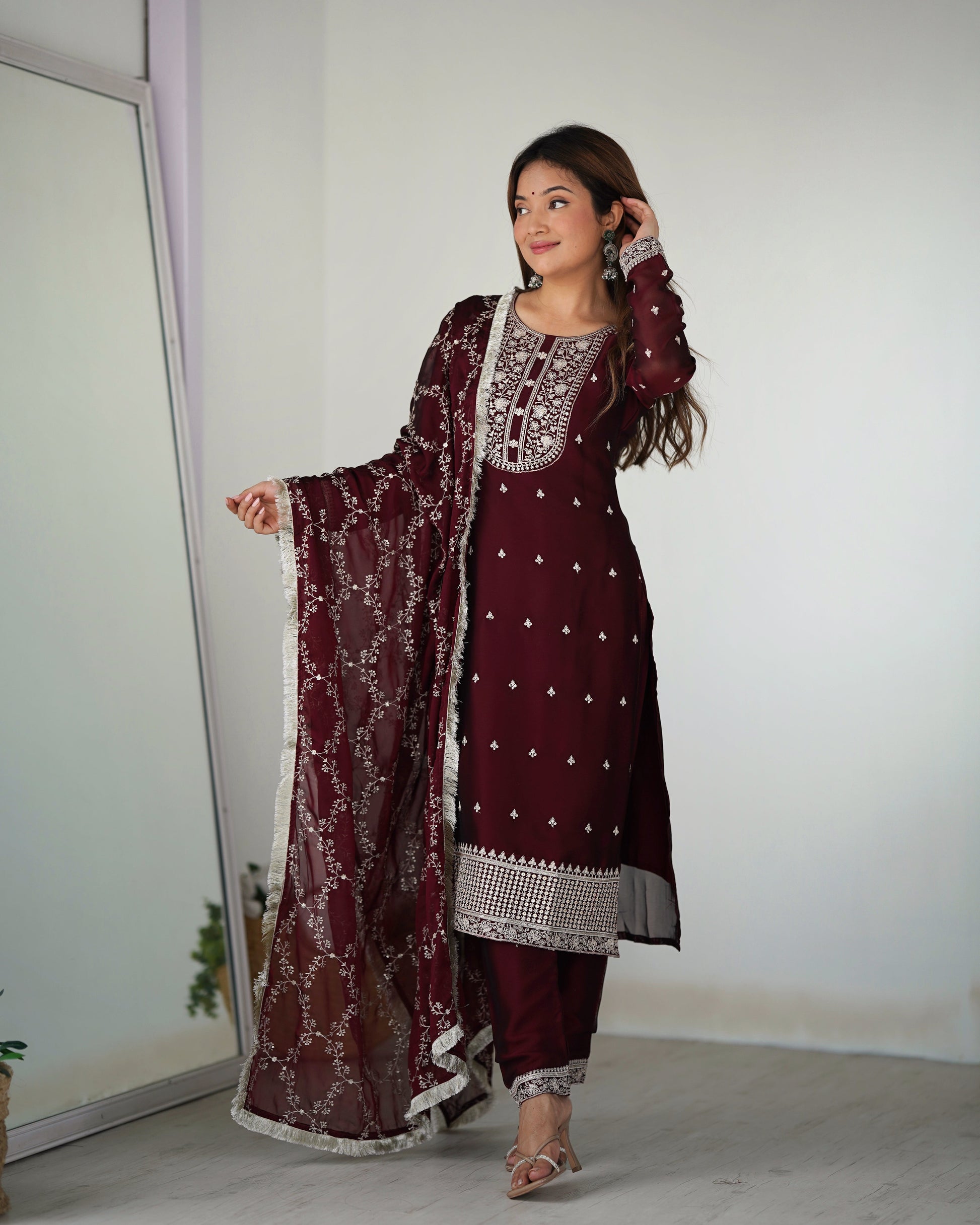 Lorenvalley Maroon Rangoli Silk Embroidery Sequence And Thread Work Kurta Trousers with Dupatta Set | Swadesiicart