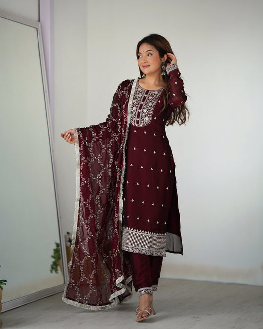 Lorenvalley Maroon Rangoli Silk Embroidery Sequence And Thread Work Kurta Trousers with Dupatta Set | Swadesiicart