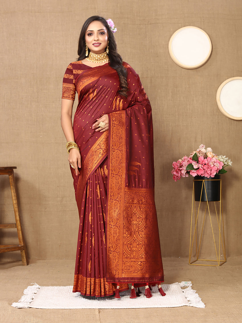 Lorenvalley Fashion Maroon Soft Silk Copper Zari weaving Design Saree - Swadesiicart