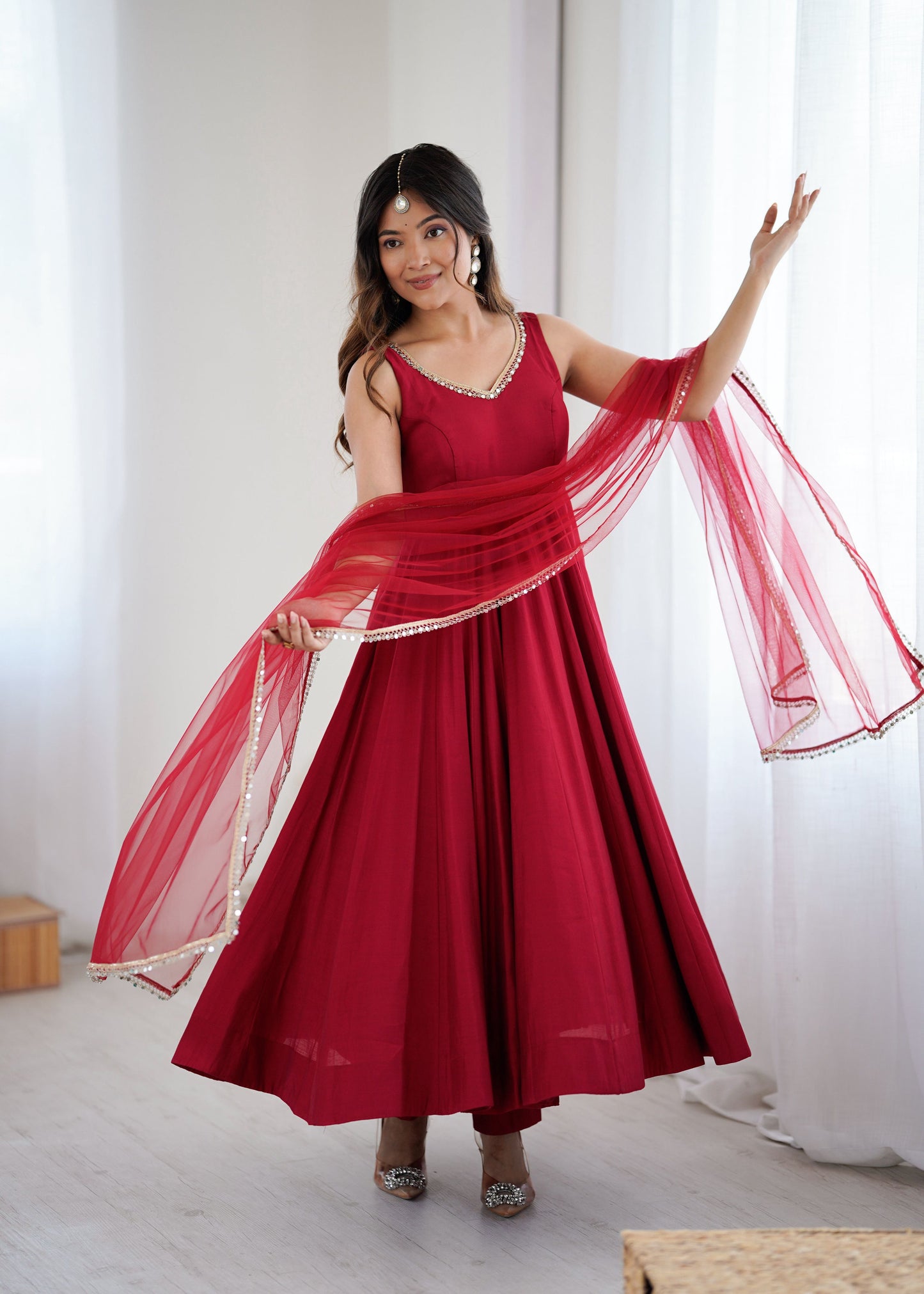 Lorenvalley Fashion Maroon Pure Romansilk Chanderi Fabric Yoke Fancy Lace Work Anarkali Kurta Pant With Dupatta Set - Swadesiicart