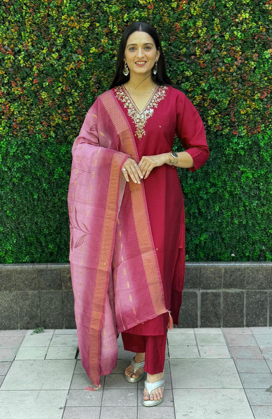 Lorenvalley Fashion Maroon Roman Silk Hand Work Kurta Pant with Dupatta - Swadesiicart