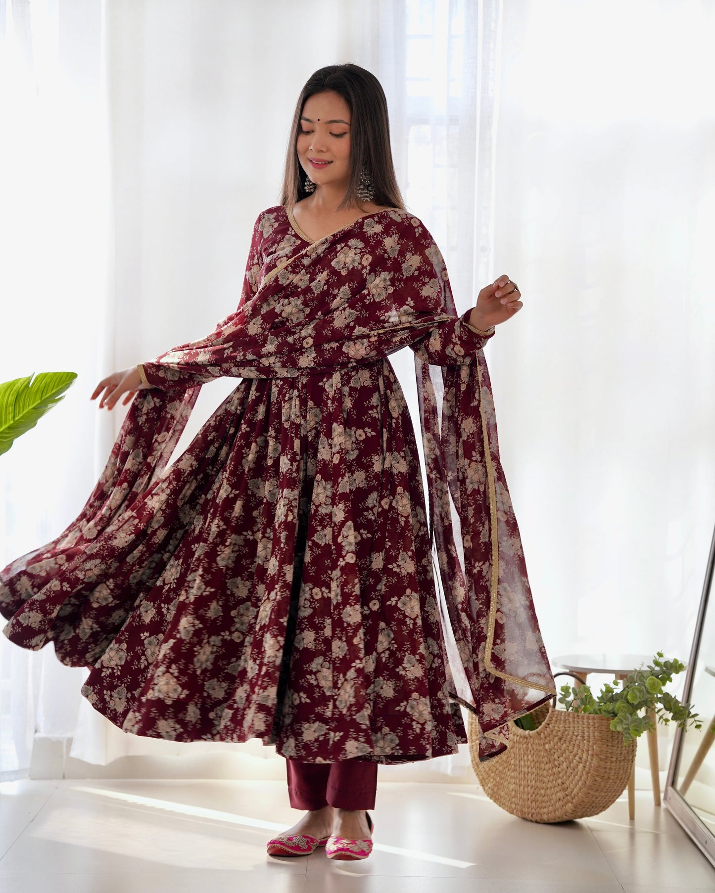Lorenvalley Pure Faux Georgette Multi Floral Print Fully Flared Anarkali Pant With Dupatta Set - Maroon | Swadesiicart