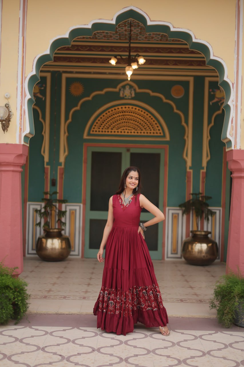 Lorenvalley Maroon Rayon Fabric with Printed Attached In Frill And Neck Gown | Swadesiicart