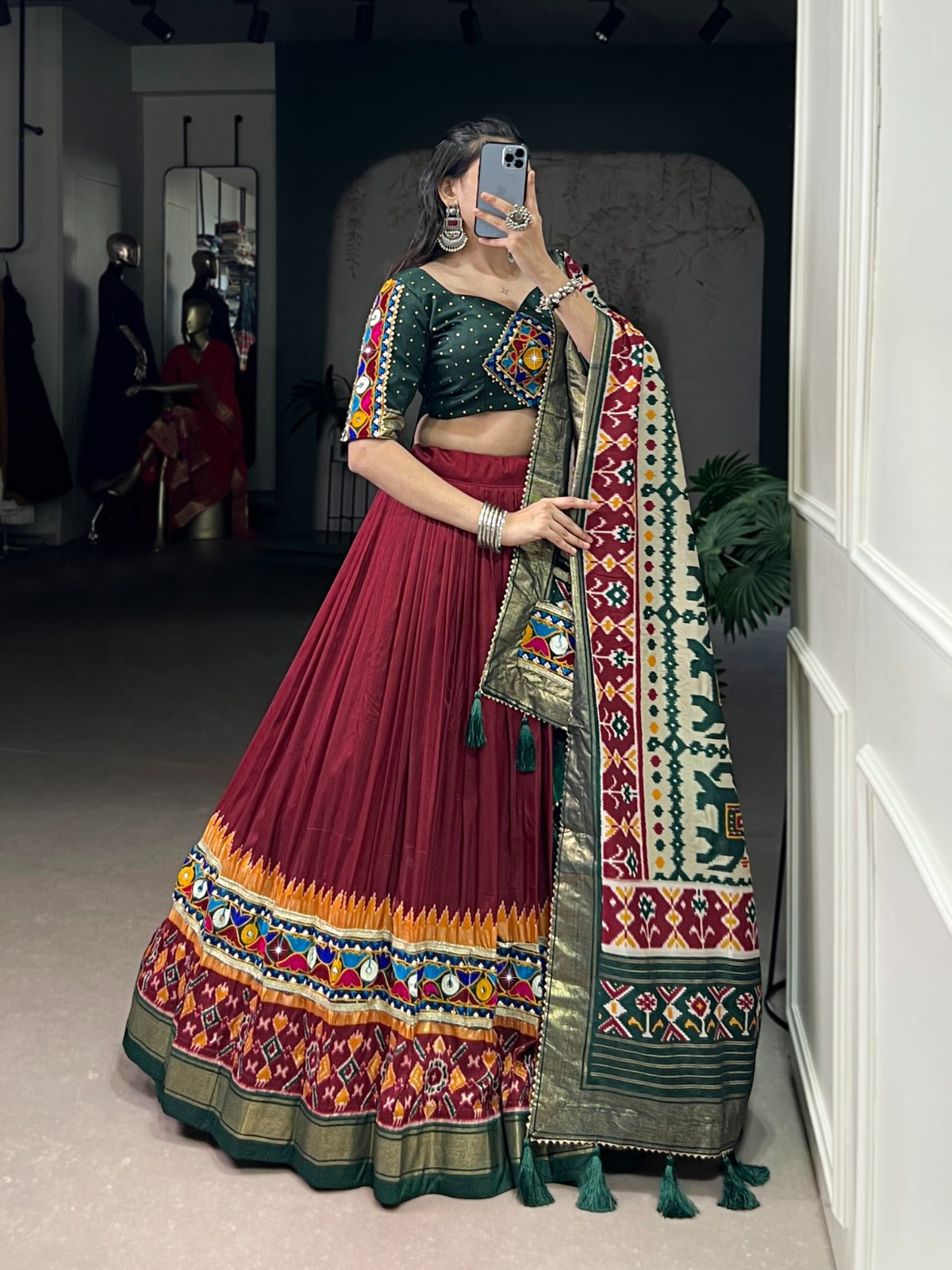 Lorenvalley Fashion Maroon Tasar Silk Print with Foil Work and Real Mirror Gamthi Work with Lace Touch Up Lehenga Choli with Dupatta | Swadesiicart
