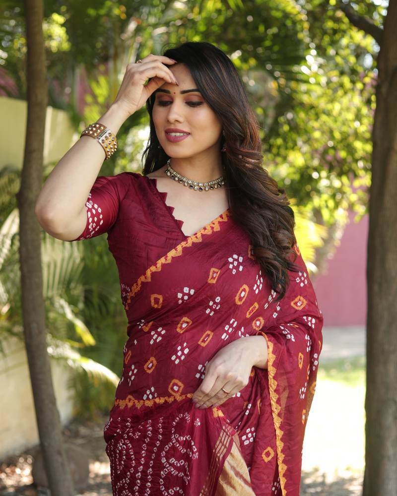 Anaita Maroon Woven Design Pure Bandhej Silk Saree With Blouse