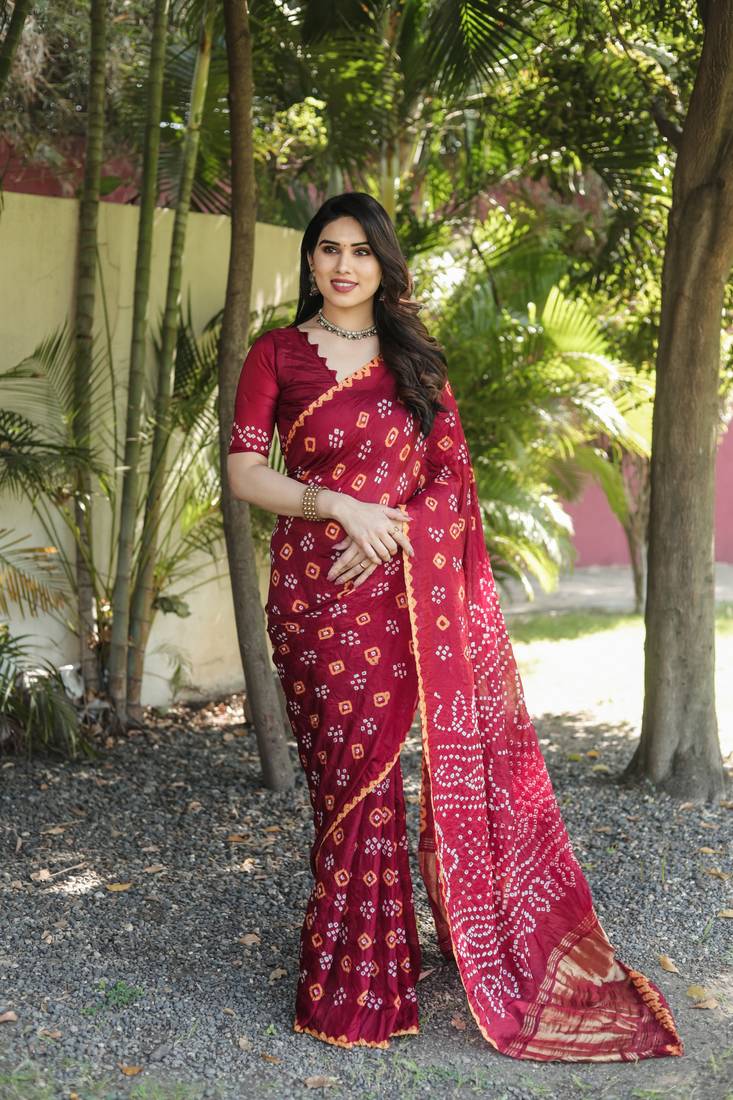 Anaita Maroon Woven Design Pure Bandhej Silk Saree With Blouse