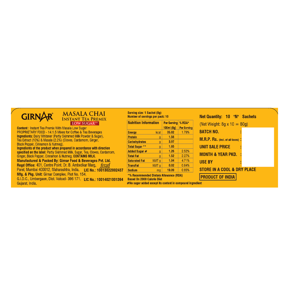 Girnar Instant Tea Premix With Masala (Low Sugar) | Swadesiicart