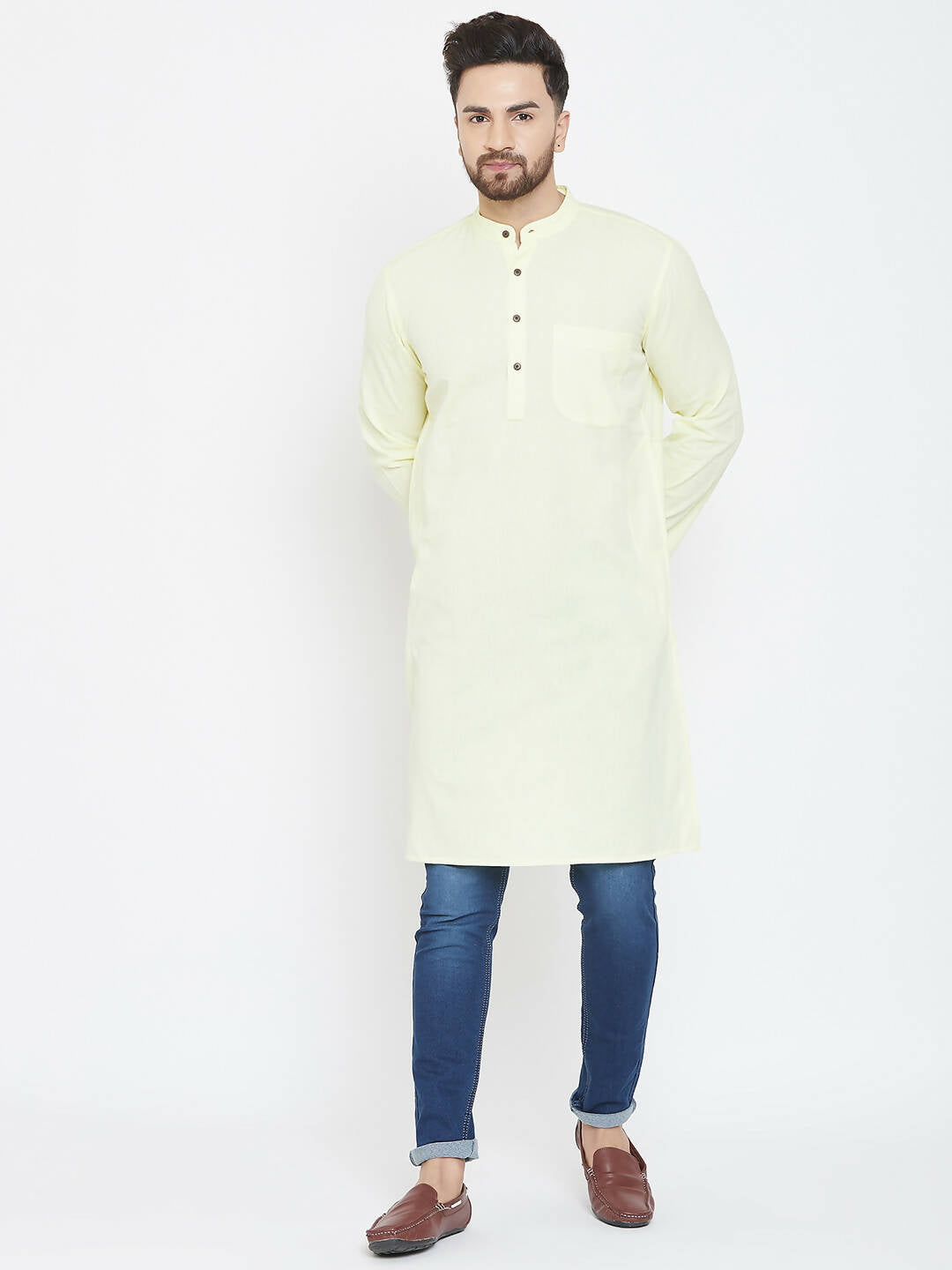 Even Apparels Yellow Color Men's Pure Cotton Kurta With Band Collar | Swadesiicart